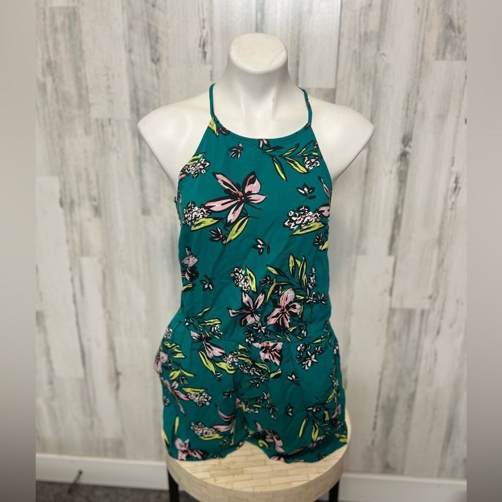 SO Teal Green Floral Halter Romper Womens Large Pink Botanical Summer Pockets